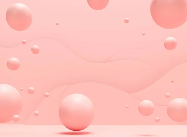 Sakız baloncukları. Dinamik zıplayan toplar ve metin için kopyalama alanı. Pembe pastel arka plan reklamı. Platform, şablon için sergi tabanı. Tatlı şekerler - 3D resimleme 