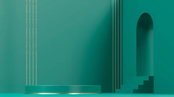 Kemer, Yeşil Yaya, merdivenler, raf ve oyuk. 3 boyutlu resimleme. Marka tanıtım ürünleri için podyum adımları. Reklam sunumu için yaratıcı bir arka plan. Temel modellemeyi uygula.