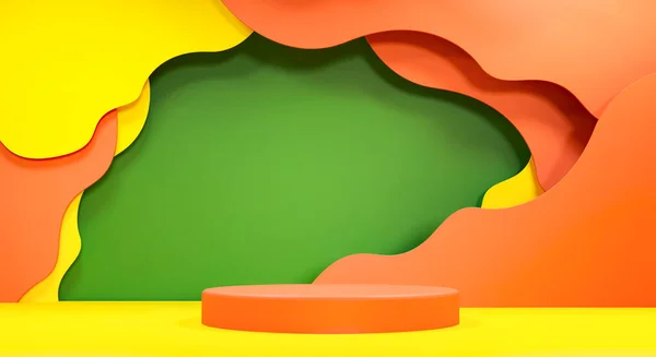 Kağıt kesiği arka plan 3D illüstrasyon. Çocuk eşyaları için parlak bir afiş, spor markası. Podyum, reklam ürünleri için gösteri standı. Bahar tatili kağıt modelleme şablonu kopyalama alanı.