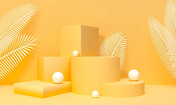 Yaya ve raf. Palmiye yaprakları çok sulu. 3 boyutlu resimleme. Marka tanıtım ürünleri için podyum adımları. Reklam sunumu için yaratıcı sarı arka plan. Temel modellemeyi uygula