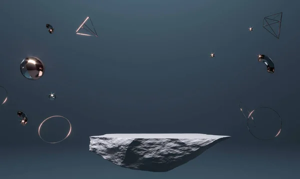 Taş podyum, kaya kaidesi, mavi arka planda uçan nesneler. Altın figürler, dağınık piramitler. Moda kompozisyonu. Reklamlar için 3D illüstrasyon. Sunum tasarımı mal ve ürünlerin şablonu
