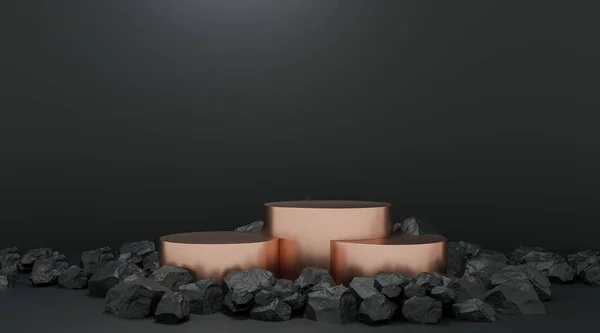 石头形状3D渲染说明 圆形讲台 品牌产品展台底座 深黑色 广告设计的模拟模板 — 图库照片
