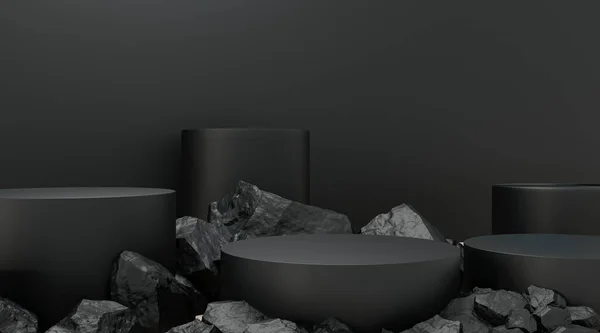 Taşlar 3D render illüstrasyonu şekillendirir. Yuvarlak podyum, marka ürün sergisi için kaide. Koyu siyah renk. Reklam tasarımı için model şablonu.