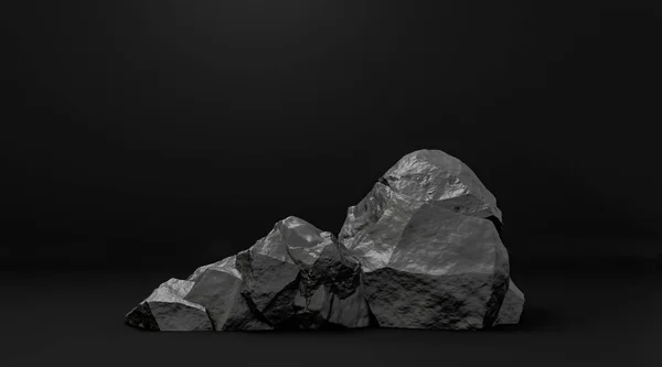 Taş şekilli 3D çizim. Yuvarlak podyum, marka ürün sergisi için kaide. Koyu siyah renk. Reklam tasarımı için model şablonu.