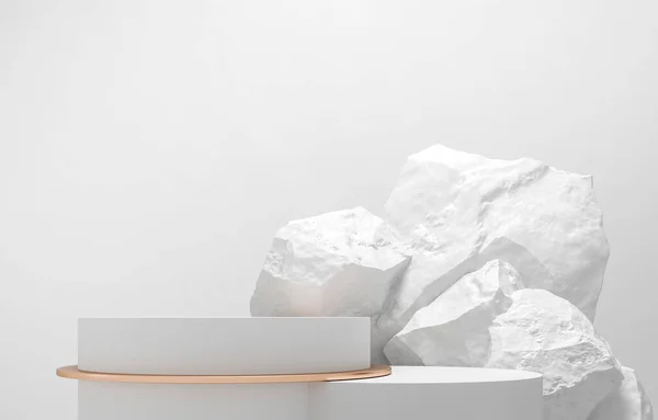 Taşlar 3D render illüstrasyonu şekillendirir. Yuvarlak podyum, marka ürün sergisi için kaide. Gri beyaz renk. Reklam tasarımı için model şablonu.