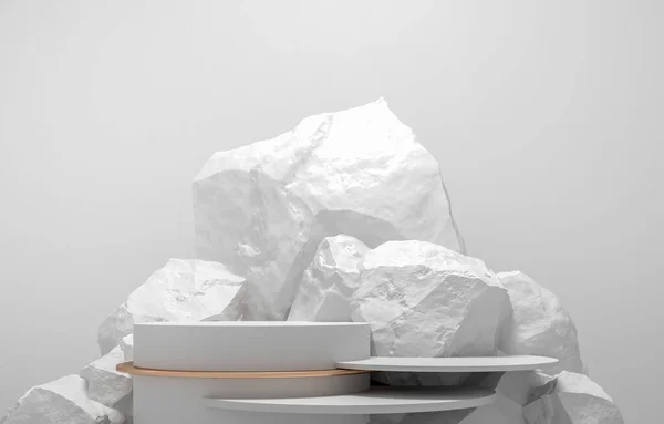 Taşlar 3D render illüstrasyonu şekillendirir. Yuvarlak podyum, marka ürün sergisi için kaide. Gri beyaz renk. Reklam tasarımı için model şablonu.