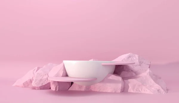 Taşlar 3D render illüstrasyonu şekillendirir. Yuvarlak podyum, marka ürün sergisi için kaide. Katı pastel pembe renk. Reklam tasarımı için model şablonu.