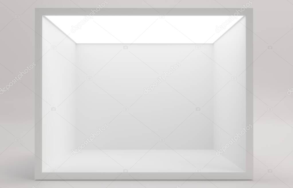 White empty softbox for goods. Illuminated niche for cosmetics, footwear and branded products. Gray cube on white background - 3d render illustration