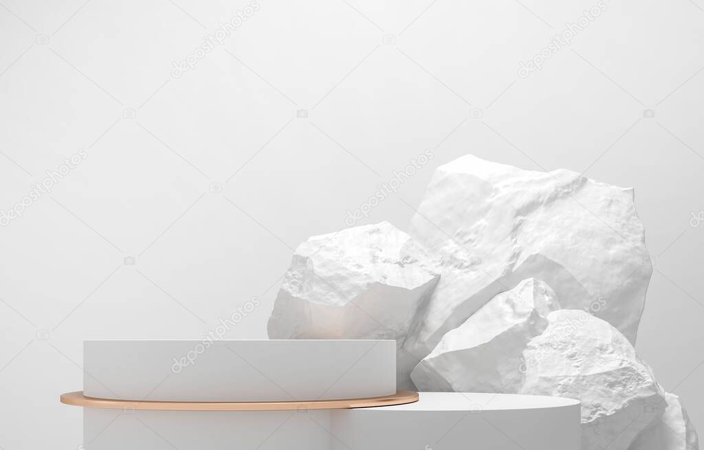 Stones shape 3d render illustration. Round podium, pedestal for brand product exhibition. Gray white color. Mockup template for ads design.