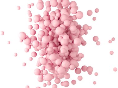 Soyut renkli toplar. Pembe şekerler sıfır yerçekiminde uçar. Kaotik dağınık konfeti küreleri. Şenlikli parti duvar kâğıdı. 3D rengarenk yaratıcı arkaplan. Yüz için top şeklinde makyaj tozu kozmetiği