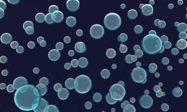 Reklam için sabun köpüğü. Uçan köpüğün 3 boyutlu gerçekçi çizimi. Kabarcıklar arka planda uçar. Bebek şampuanı sabunu.