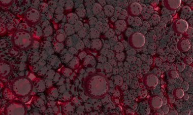 Reçel arka plan, kaynayan şeker kırmızı şekerler. Kan içeride akıyor. Sakız, şeker ya da jöle reklâm afişi. Kırmızı kan hücreleri mikrobiyoloji. Mikroplar, virüs küresi - 3 boyutlu arkaplan illüstrasyonu