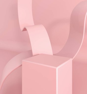 Dinamik dalga podyumu, kaide. Sakız tabağı. Pembe pastel arka plan reklamı. Platform, marka şablonu için sergi tabanı. Tatlı şekerler - 3D resimleme.