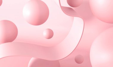 Sakız tabağı, baloncuk. Pembe pastel arka plan reklamı. Platform, şablon için sergi tabanı. Tatlı şekerler - 3 boyutlu resimleme. Sevgililer Günü partisi için dinamik zıplayan toplar