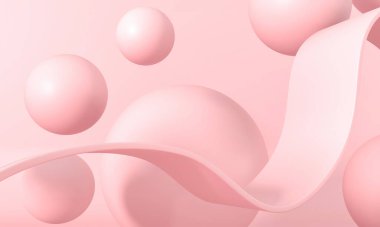 Sakız tabağı, baloncuk. Pembe pastel arka plan reklamı. Platform, şablon için sergi tabanı. Tatlı şekerler - 3 boyutlu resimleme. Sevgililer Günü partisi için dinamik zıplayan toplar