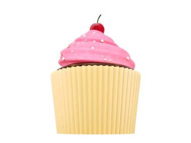 Uluslararası Cupcake Günü. Beyaz arka planda kek. Pembe kek - 3D render. Pasta - afişin tanıtımı için unsurlar. Gerçekçi çikolatalı pasta üzerine tatlı krema. Lezzetli yaratıcı yemek reklamı.