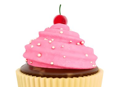 Uluslararası Cupcake Günü. Beyaz arka planda kek. Pembe kek - 3D render. Pasta - afişin tanıtımı için unsurlar. Gerçekçi çikolatalı pasta üzerine tatlı krema. Lezzetli yaratıcı yemek reklamı.