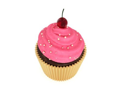 Uluslararası Cupcake Günü. Beyaz arka planda kek. Pembe kek - 3D render. Pasta - afişin tanıtımı için unsurlar. Gerçekçi çikolatalı pasta üzerine tatlı krema. Lezzetli yaratıcı yemek reklamı.