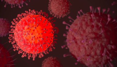 Covid-19, mikroskop altında koronavirüs enfeksiyonu. Salgın hastalık virüsünün yayılması. Çin salgını, mikrop kapmış hücreler mikroskop altında. 3 boyutlu illüstrasyon. Geliştirme, aşı araştırması