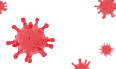 COVID - 19 beyaz arka planda izole edildi. İnsan vücudunda Coronavirüs enfeksiyonu. Solunum hastalıkları yayılıyor. Çin salgını, enfekte hücreler. 3 boyutlu illüstrasyon. Geliştirme, aşı araştırması