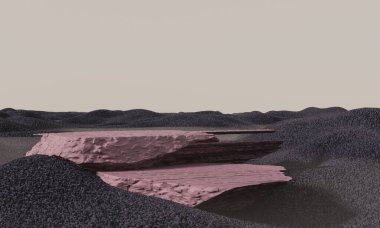 Kuru karadaki podyum - 3D canlandırma. Kum çölünde kaba boş bir kaide - çizim. Mars 'taki dağlar, tepeler ve kum tepeleri, kızıl gezegen. Afrika 'nın ateşli ülkeleri reklam podyumuna sahip.