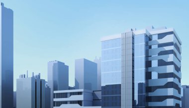 Ofis İnşaat Şirketi. Şehir, mavi gökyüzünde 3 boyutlu panorama. Çizim çizimi. Apartman reklam afişi. Ofis merkezi ortamı. Yüksek gökdelenler - kiralık malikane