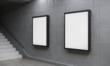 Metrodaki reklam panoları boş. İmza şablonu - 3 boyutlu resimleme. Reklam promosyonu büfe modeli. Beyaz boş reklam panosu posteri. Marka sokak modeli.