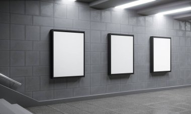 Metrodaki reklam panoları boş. İmza şablonu - 3 boyutlu resimleme. Reklam promosyonu büfe modeli. Beyaz boş reklam panosu posteri. Marka sokak modeli.