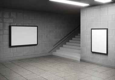 Metrodaki reklam panosu boşluğu. İmza şablonu - 3 boyutlu resimleme. Reklam promosyonu büfe modeli. Beyaz boş reklam panosu posteri. Marka sokak modeli.