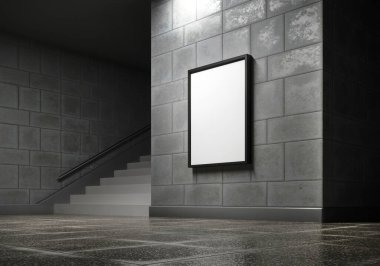 Metrodaki reklam panosu boşluğu. İmza şablonu - 3 boyutlu resimleme. Reklam promosyonu büfe modeli. Beyaz boş reklam panosu posteri. Marka sokak modeli.