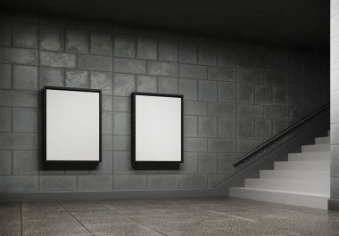 Metrodaki reklam panosu boşluğu. İmza şablonu - 3 boyutlu resimleme. Reklam promosyonu büfe modeli. Beyaz boş reklam panosu posteri. Marka sokak modeli.