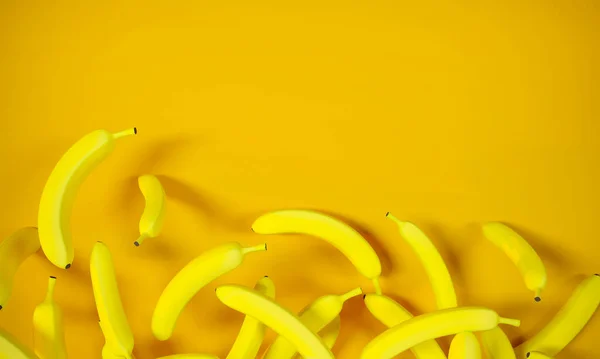 Plátanos Maduros Sobre Fondo Amarillo Frutas Dispersas Aleatoriamente Para Cartel —  Fotos de Stock