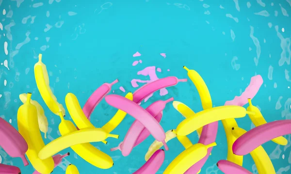 Bananas in pool. Tropical abstract trendy wallpaper background. Fruits in water. Multicolored yellow-pink bananas drown in water. Summer party poster - 3d render illustration. Empty space for text.