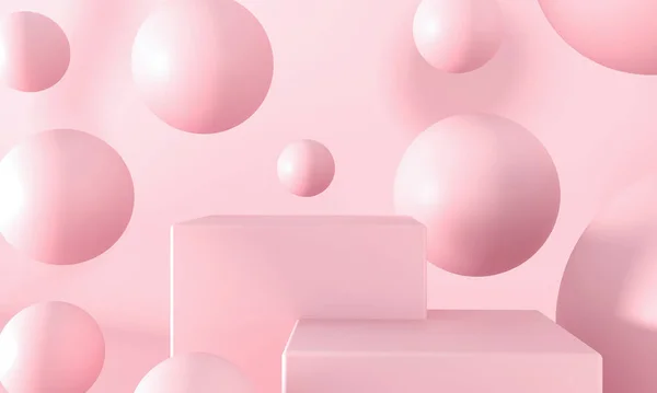 Sakız tabağı, baloncuk. Pembe pastel arka plan reklamı. Platform, şablon için sergi tabanı. Tatlı şekerler - 3 boyutlu resimleme. Sevgililer Günü partisi için dinamik zıplayan toplar