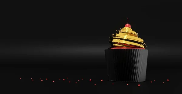 Muffin Cake Svart Guld Lyx Cupcake Med Glasyr Mörk Bakgrund — Stockfoto