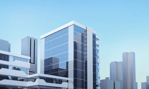 Ofis İnşaat Şirketi. Şehir, mavi gökyüzünde 3 boyutlu panorama. Çizim çizimi. Apartman reklam afişi. Ofis merkezi ortamı. Yüksek gökdelenler - kiralık malikane