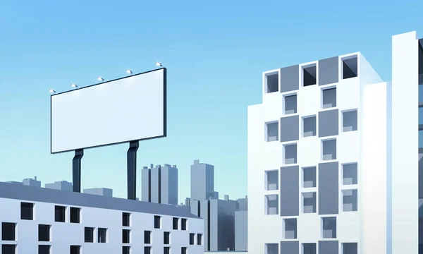 公告牌上的空位在城市 标志模板 3D渲染说明 广告促销餐具柜的模型 白色空白复制空间招贴画 品牌街商店的模型 — 图库照片