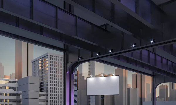 大城市的桥 黄昏的夕阳 现实的例证 金属桥的建设 摩天大楼大都市商业区的办公大楼未来派广告海报 — 图库照片