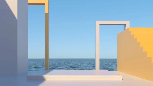 Modern bir binanın ve mavi gökyüzünün 3D görüntüsü