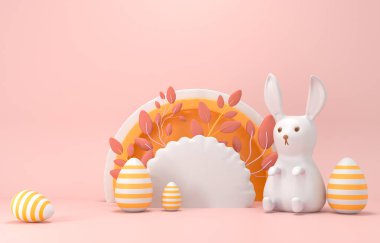 Sevimli tavşancık ve boyalı yumurta - 3 boyutlu resimleme. Mutlu Paskalya tebrik kartları. Plastik podyum, çocukların ürünlerini tanıtmak için. Komik tavşanlı ve boş alanlı şenlikli bir arka plan..