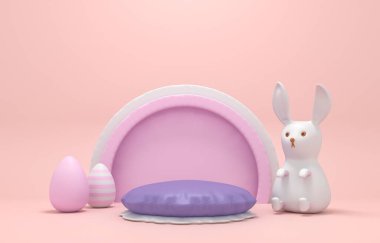 Sevimli tavşancık ve boyalı yumurta - 3 boyutlu resimleme. Mutlu Paskalya tebrik kartları. Plastik podyum, çocukların ürünlerini tanıtmak için. Komik tavşanlı ve boş alanlı şenlikli bir arka plan..