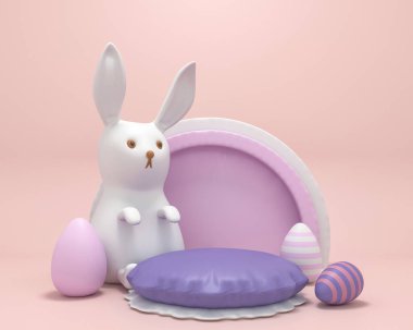 Sevimli tavşancık ve boyalı yumurta - 3 boyutlu resimleme. Mutlu Paskalya tebrik kartları. Plastik podyum, çocukların ürünlerini tanıtmak için. Komik tavşanlı ve boş alanlı şenlikli bir arka plan..