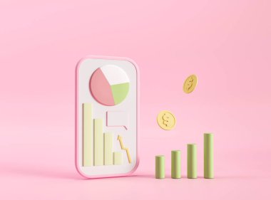 Borsada ticaret için mobil uygulama. Bitcoin 'in büyümesi, kripto para birimleri. Haritalar, satış mesajları ve online para alımları. 3D canlandırma illüstrasyonu. Bankacılık başvurusu