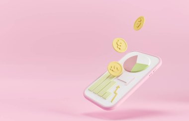 Borsada ticaret için mobil uygulama. Bitcoin 'in büyümesi, kripto para birimleri. Haritalar, satış mesajları ve online para alımları. 3D canlandırma illüstrasyonu. Bankacılık başvurusu