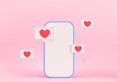 Online randevu için mobil uygulama, kurye. 3 boyutlu resimleme. Randevu başvurusu. Sosyal ağlarda aşk mesajları, kalpler ve beğeni