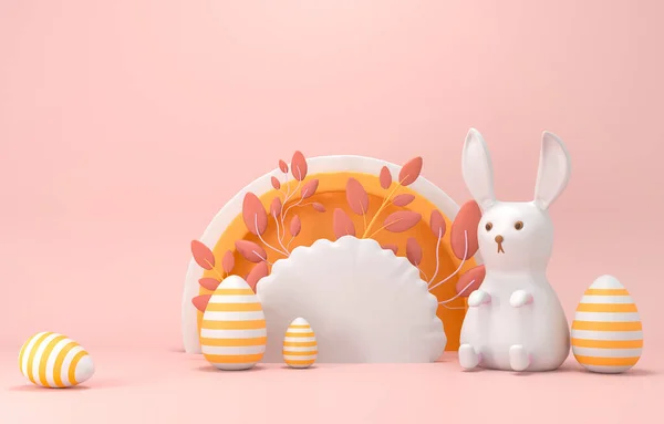 Sevimli tavşancık ve boyalı yumurta - 3 boyutlu resimleme. Mutlu Paskalya tebrik kartları. Plastik podyum, çocukların ürünlerini tanıtmak için. Komik tavşanlı ve boş alanlı şenlikli bir arka plan..