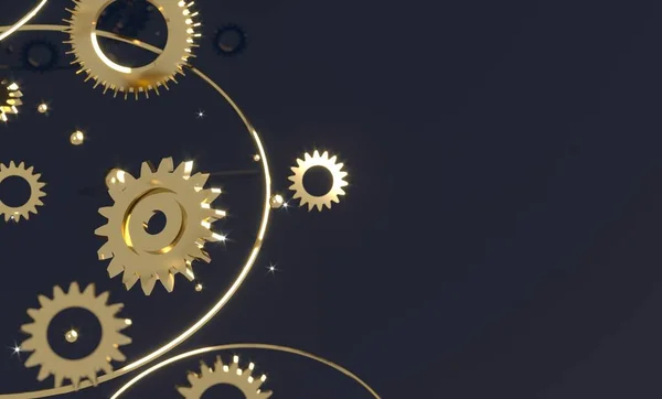 Шестерні Літаючі Металеві Сфери Золоті Кільця Стімпанк Механізм Ілюстрація Рендеринга — стокове фото