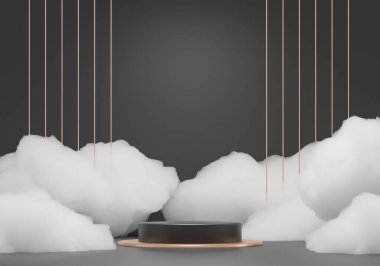 Boş alanı olan birinci sınıf bir podyum - 3D görüntüleme. Yumuşak tüylü bulutlar, beyaz sabunlu köpük. Ürün sergileri ve sunumları için maket. arkaplan - teknoloji ve iş veya terapi rahatlaması