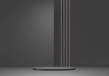 Podyum, sergi yuvarlak kaidesi - 3 boyutlu resimleme. Kozmetik ürünler demek. Geometrik - mimari bileşim. Koyu siyah temel podyum, altın dekor..