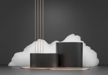 Boş alanı olan birinci sınıf bir podyum - 3D görüntüleme. Yumuşak tüylü bulutlar, beyaz sabunlu köpük. Ürün sergileri ve sunumları için maket. arkaplan - teknoloji ve iş veya terapi rahatlaması